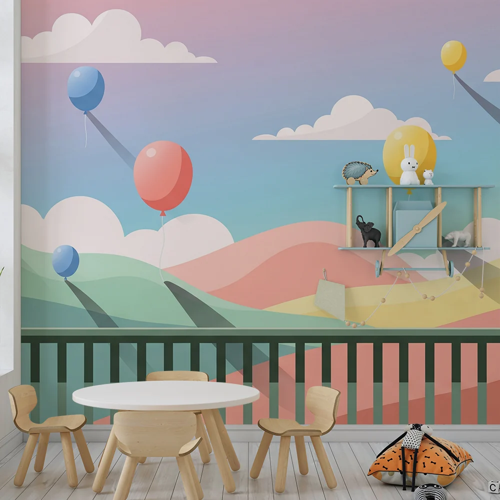 Papel de parede quarto bebê | Šareni baloni lebde iznad pastelnih brežuljaka