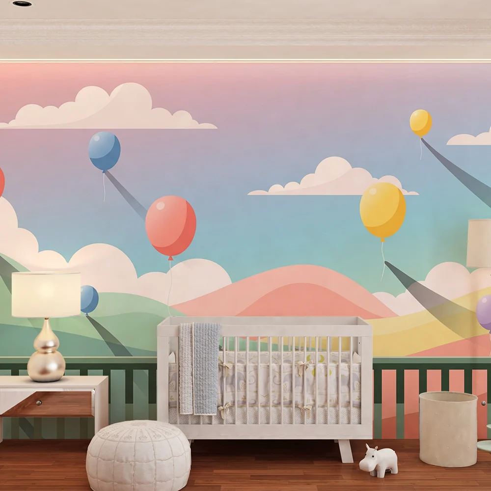 Papel de parede quarto bebê | Šareni baloni lebde iznad pastelnih brežuljaka