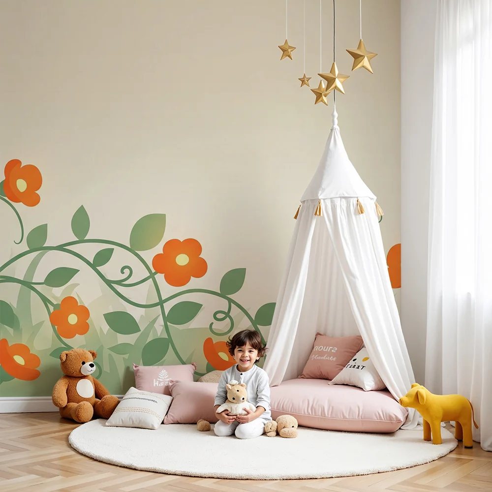 Papel de parede quarto bebê | Šareni cvjetni uzorak i nježno lišće