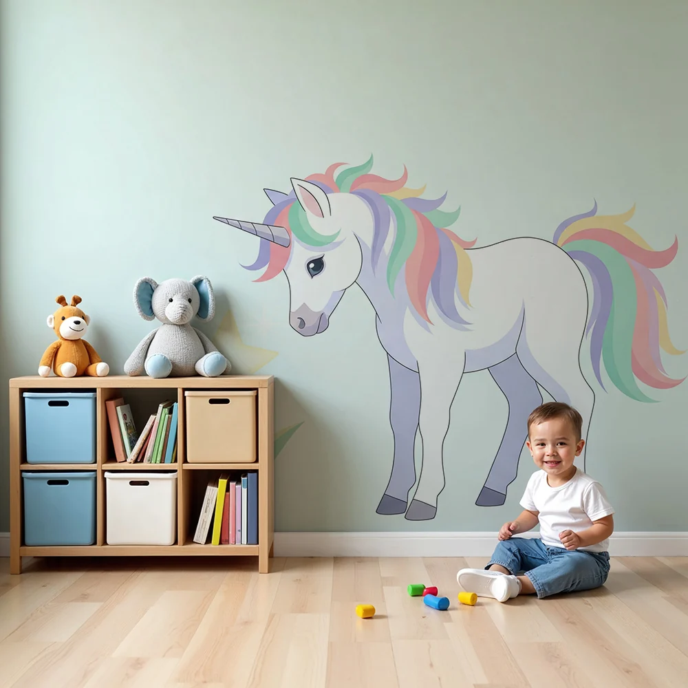 Papel de parede quarto bebê | Šareni jednorog i sjajna zvijezda u nježnom dekoru