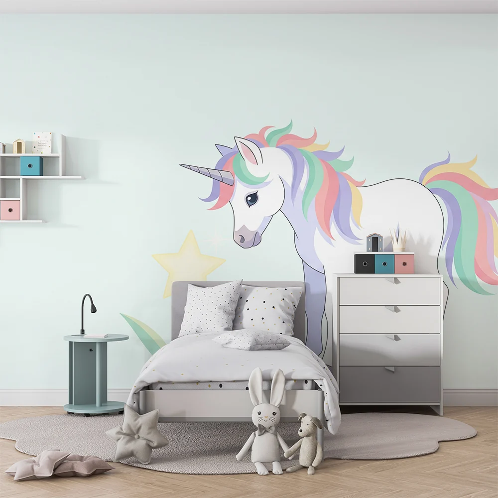 Papel de parede quarto bebê | Šareni jednorog i sjajna zvijezda u nježnom dekoru