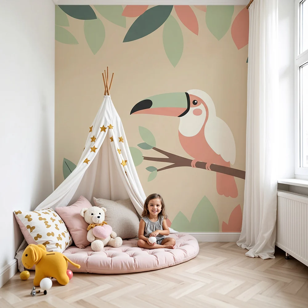 Papel de parede quarto bebê | Šareni tukan među nježnim lišćem