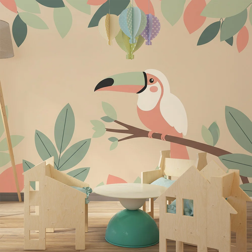 Papel de parede quarto bebê | Šareni tukan među nježnim lišćem