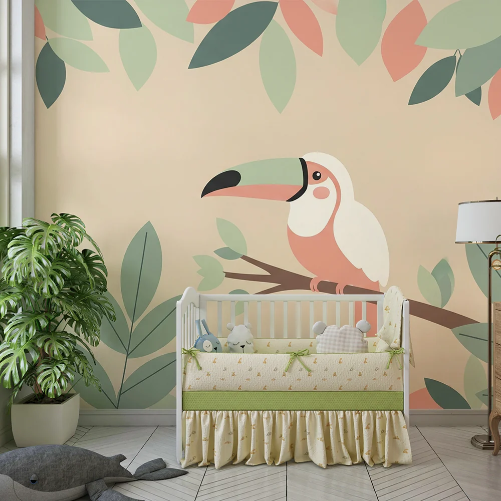 Papel de parede quarto bebê | Šareni tukan među nježnim lišćem