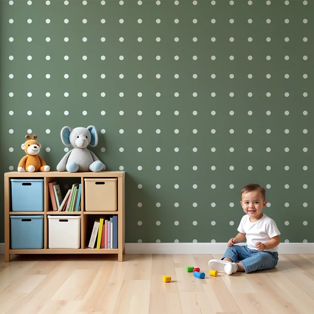 Papel de parede quarto bebê | Bijele točkice na nježno zelenoj pozadini