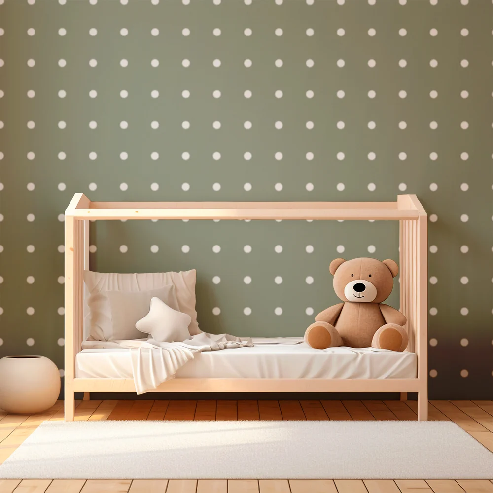 Papel de parede quarto bebê | Bijele točkice na nježno zelenoj pozadini