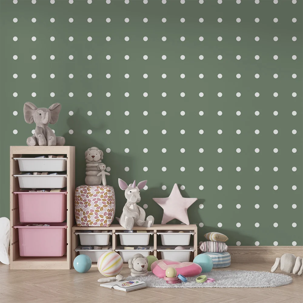 Papel de parede quarto bebê | Bijele točkice na nježno zelenoj pozadini