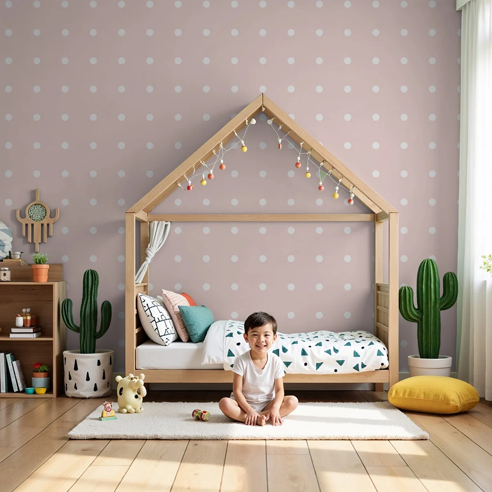 Papel de parede quarto bebê | Bijele točkice na nježno ružičastoj pozadini