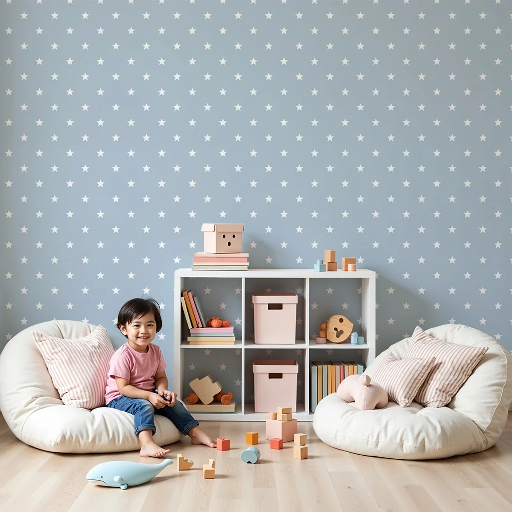 Papel de parede quarto bebê | Bijele zvijezde na umirujućem plavom pozadini