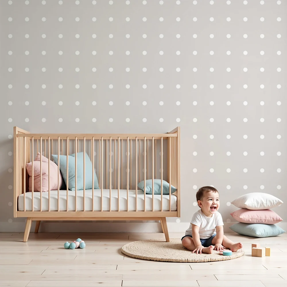 Papel de parede quarto bebê | Bijeli točkasti uzorak na bež pozadini