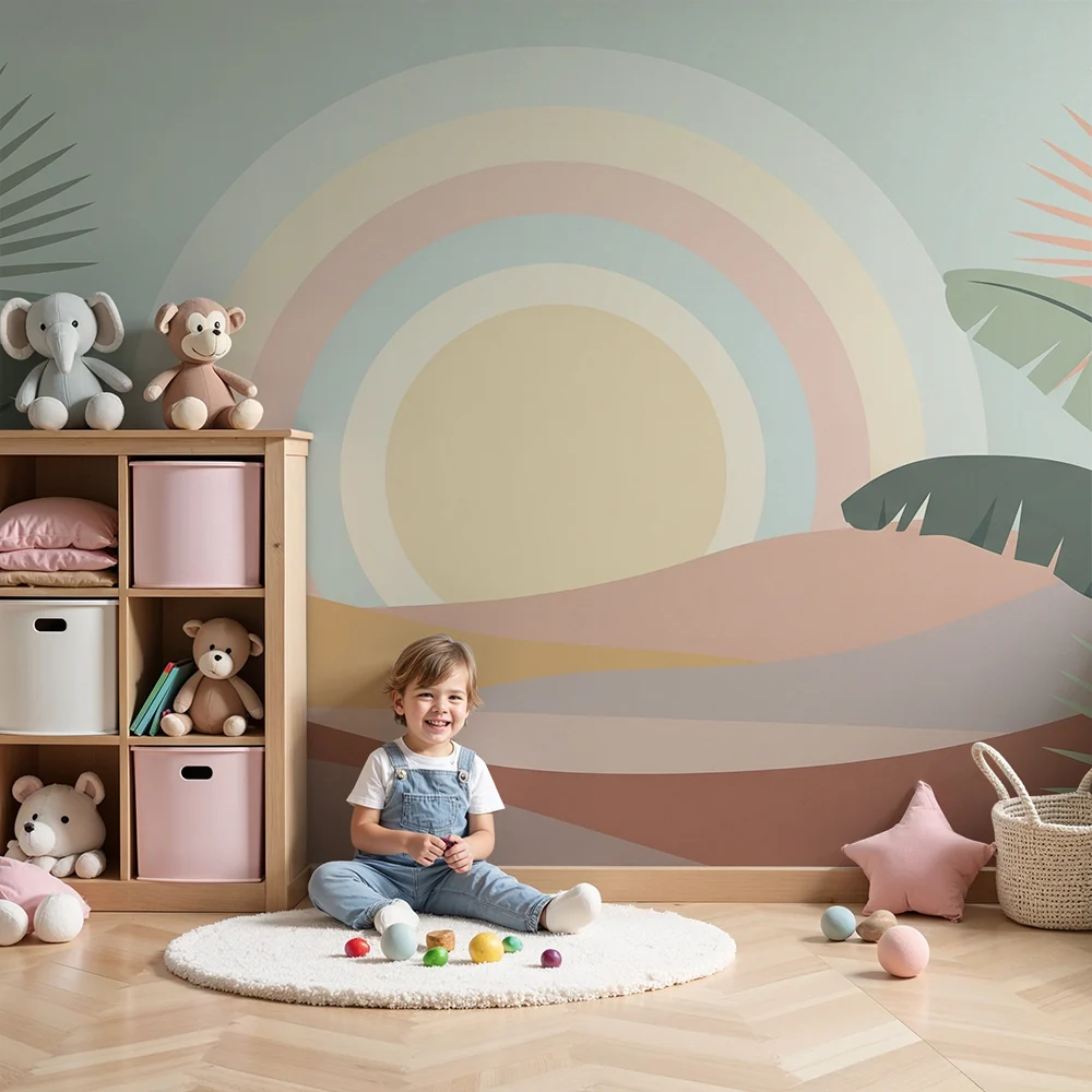 Papel de parede quarto bebê | Blagi tropski krajolik s pastelnim duginim