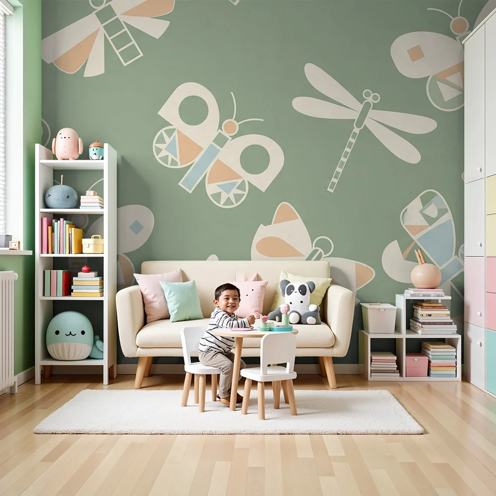 Papel de parede quarto bebê | Borboletas e libélulas coloridas em fundo verde suave