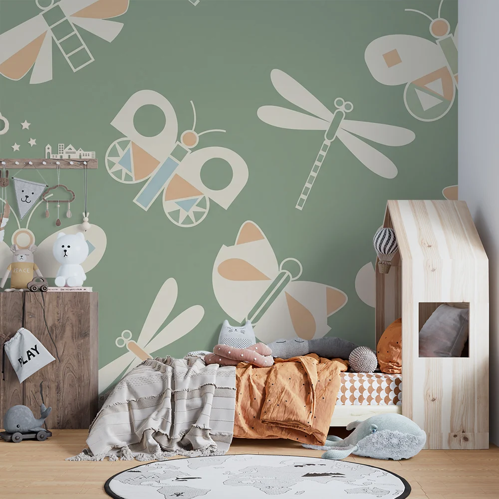Papel de parede quarto bebê | Borboletas e libélulas coloridas em fundo verde suave