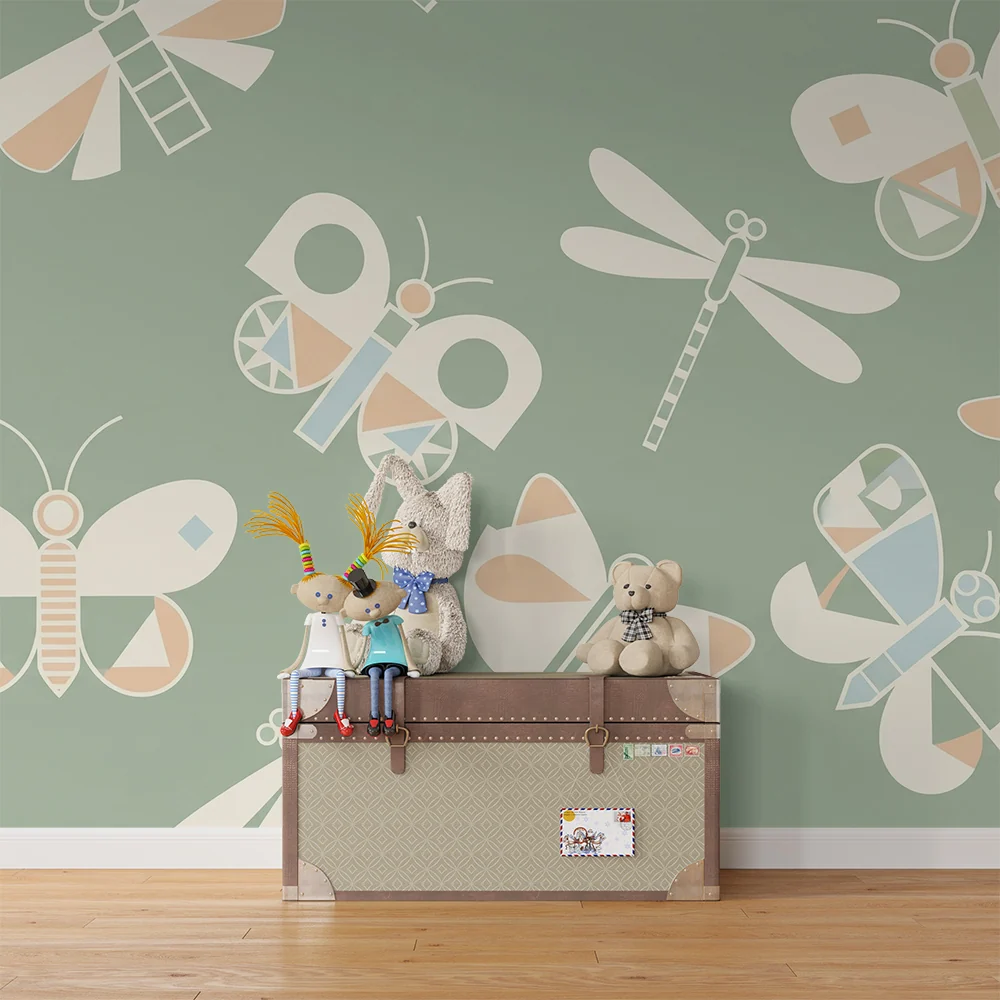 Papel de parede quarto bebê | Borboletas e libélulas coloridas em fundo verde suave