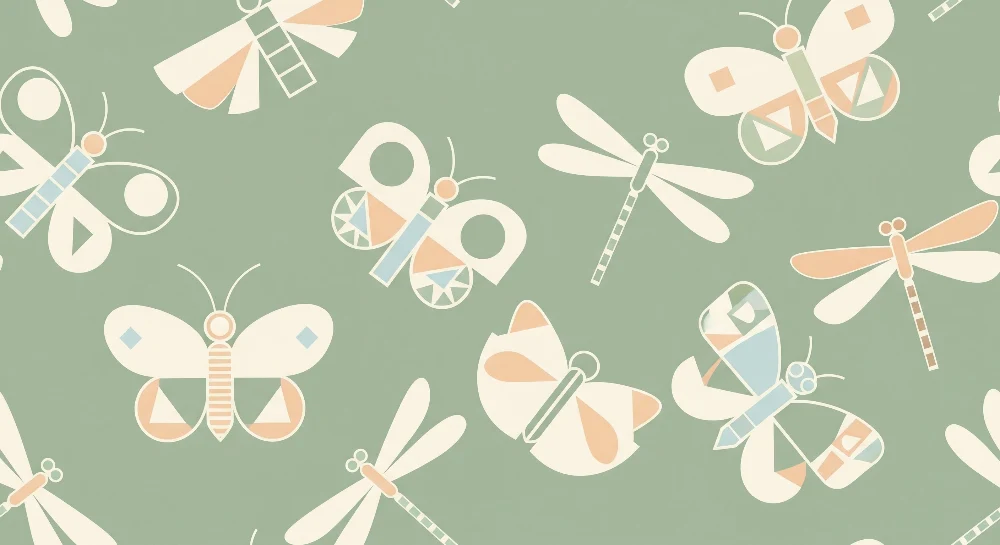 Papel de parede quarto bebê | Borboletas e libélulas coloridas em fundo verde suave