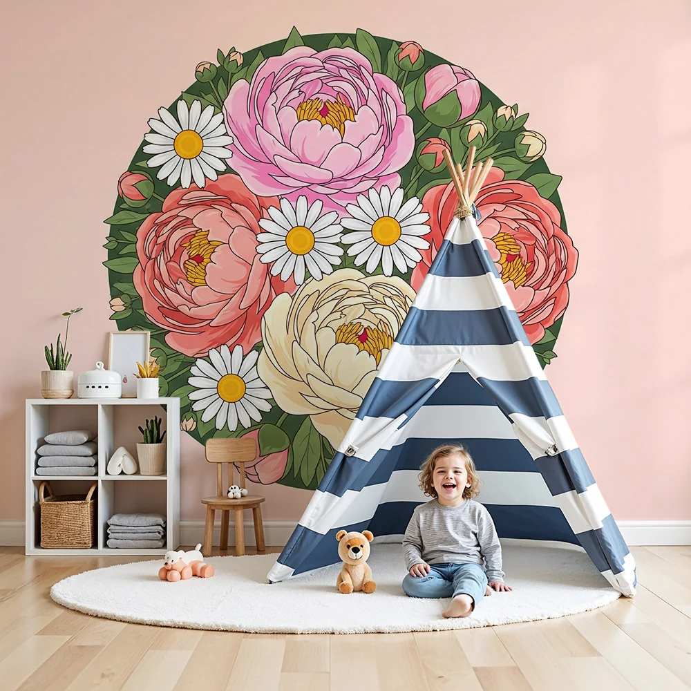 Papel de parede quarto bebê | Buket nježnih cvjetova s božurima i tratinčicama