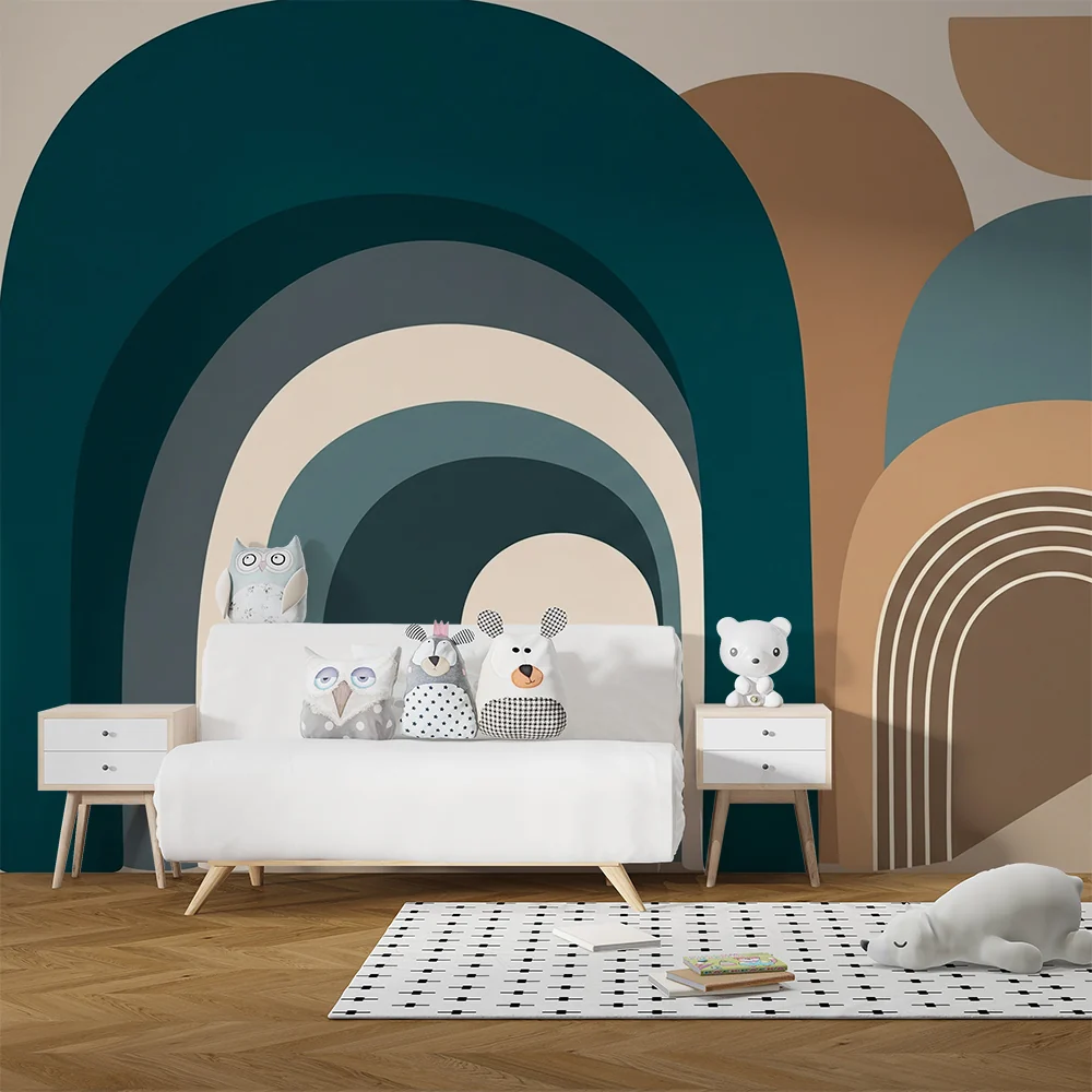 Papel de parede quarto bebê | Coloridas arcos e formas geométricas calmantes