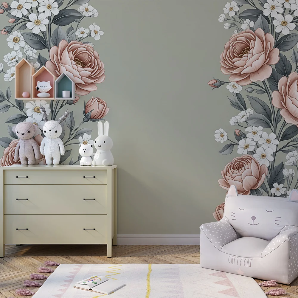 Papel de parede quarto bebê | Cvijeće u dužini na zelenoj kaki pozadini