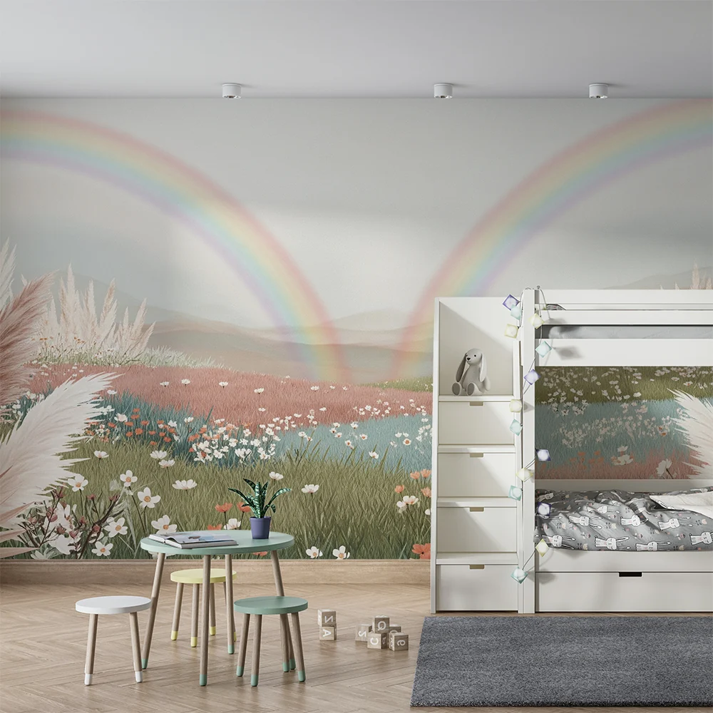 Papel de parede quarto bebê | Cvjetni krajolik s duginim lukovima i nježnom livadom