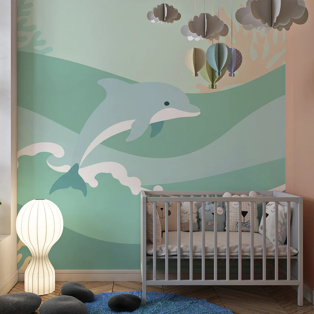 Papel de parede quarto bebê | Delfin igrač usred valova i šarenih koralja