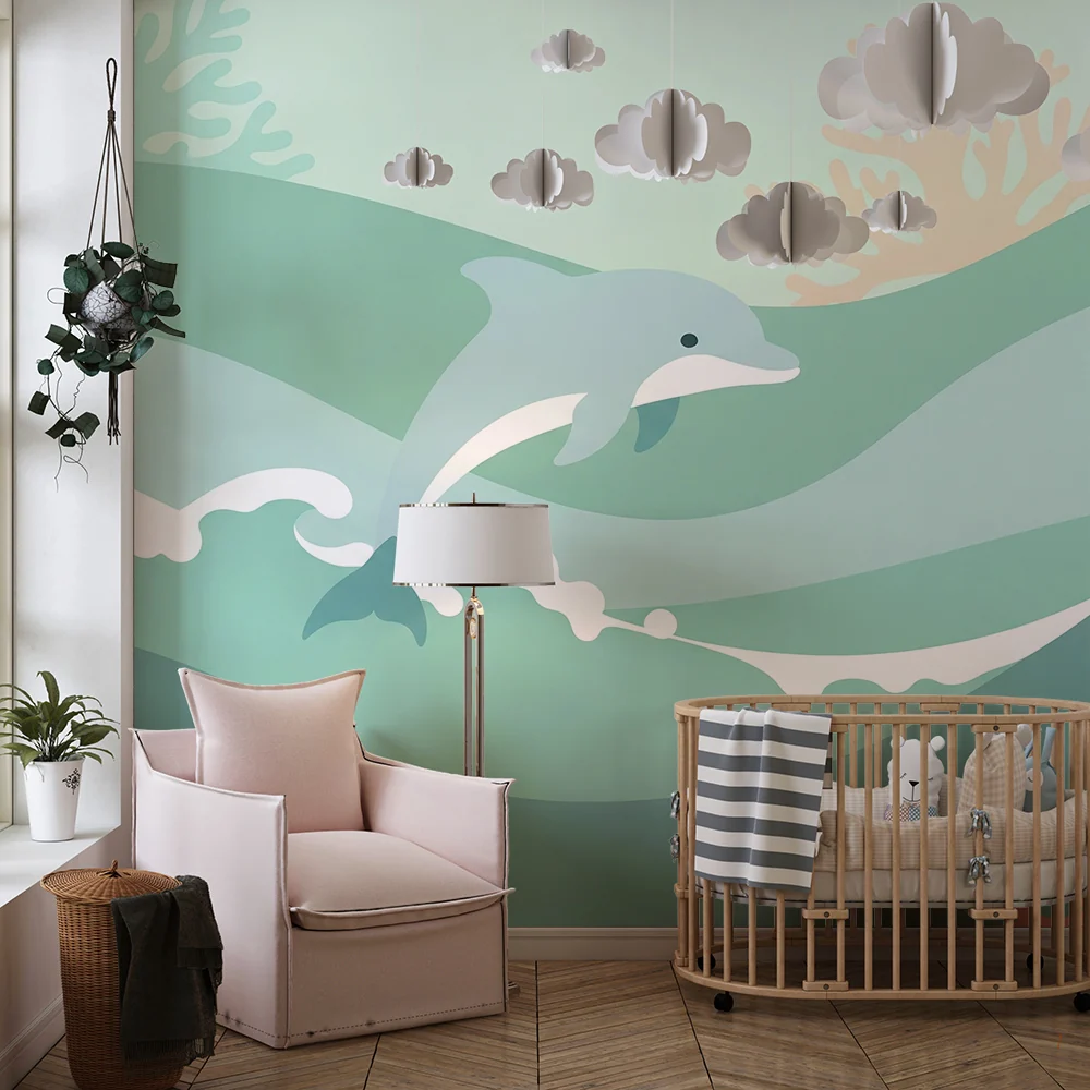 Papel de parede quarto bebê | Delfin igrač usred valova i šarenih koralja
