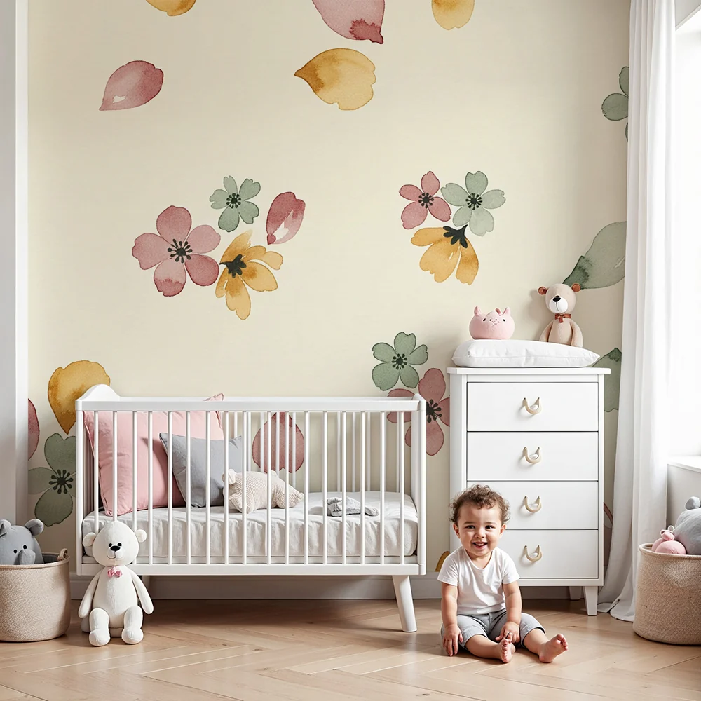 Papel de parede quarto bebê | Delicadas flores aquarela em fundo creme