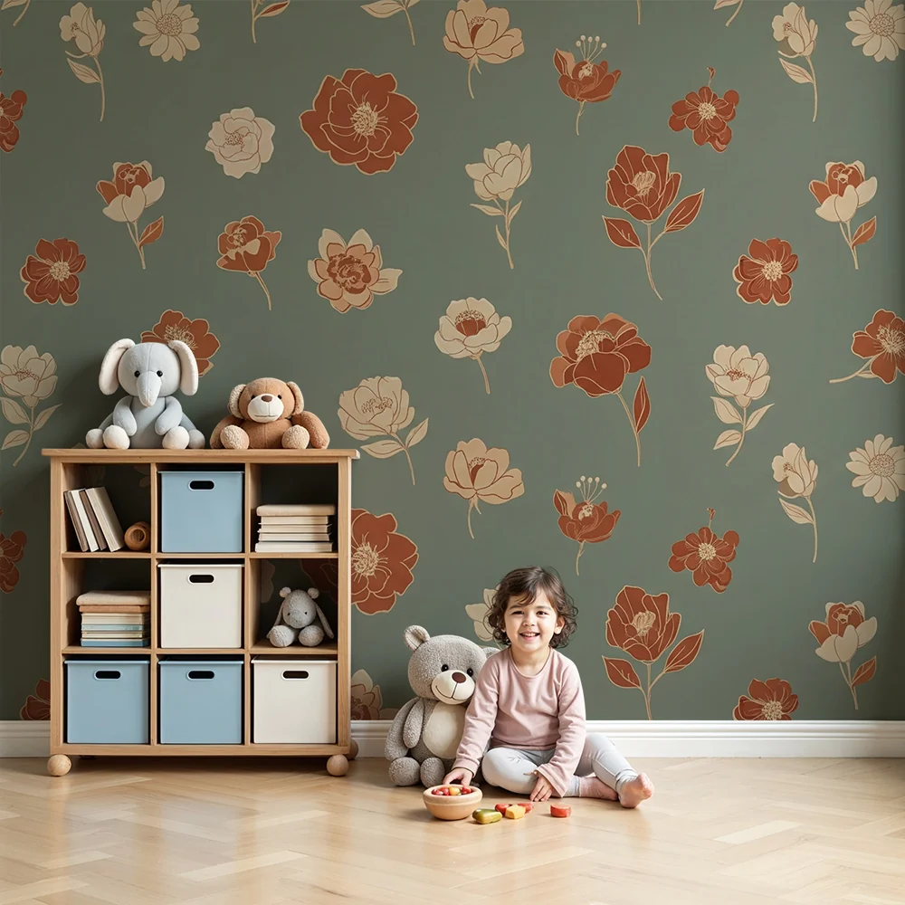 Papel de parede quarto bebê | Delicadas flores em fundo verde