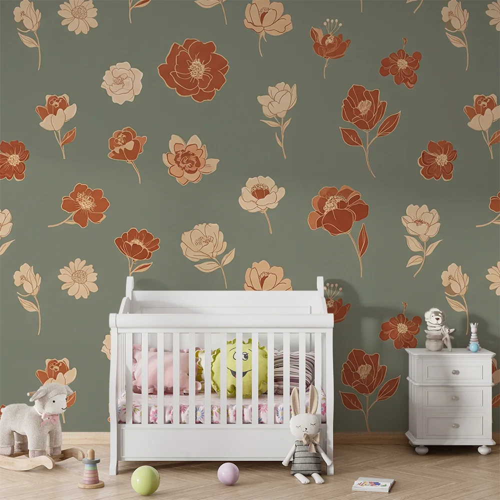 Papel de parede quarto bebê | Delicadas flores em fundo verde