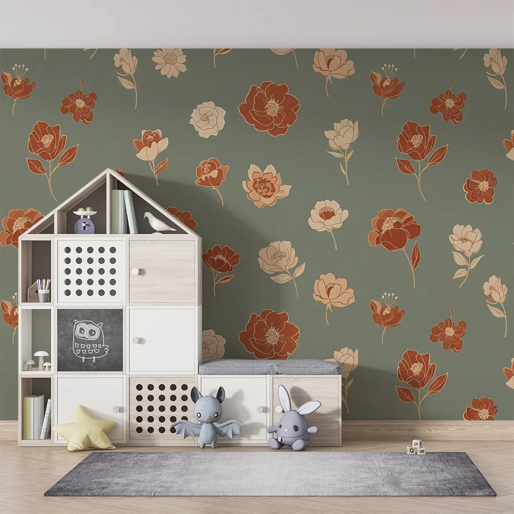 Papel de parede quarto bebê | Delicadas flores em fundo verde