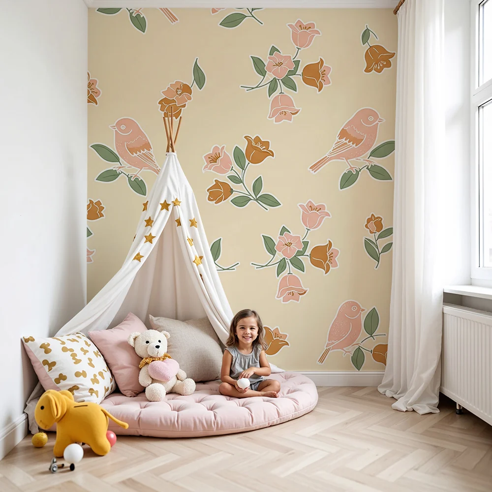 Papel de parede quarto bebê | Delikatni ptice i pastelni cvjetovi na nježnoj pozadini
