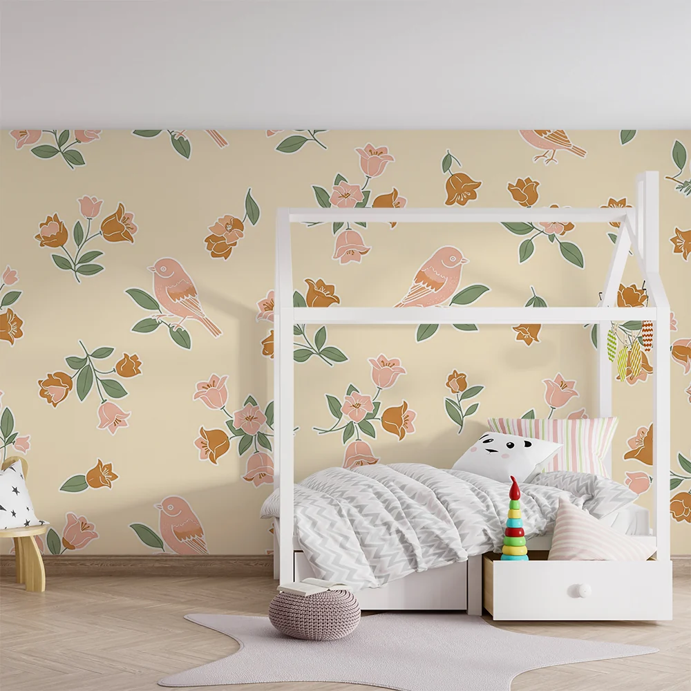 Papel de parede quarto bebê | Delikatni ptice i pastelni cvjetovi na nježnoj pozadini