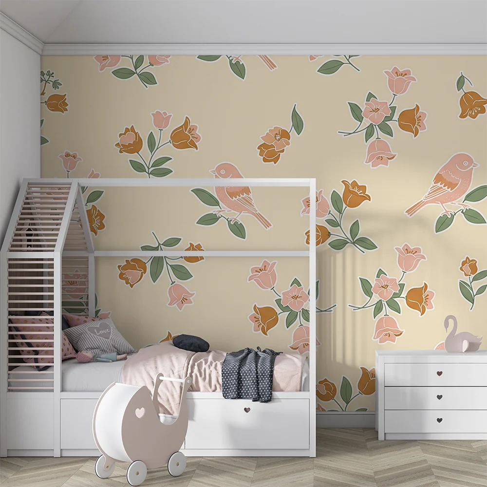 Papel de parede quarto bebê | Delikatni ptice i pastelni cvjetovi na nježnoj pozadini