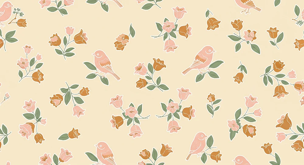 Papel de parede quarto bebê | Delikatni ptice i pastelni cvjetovi na nježnoj pozadini