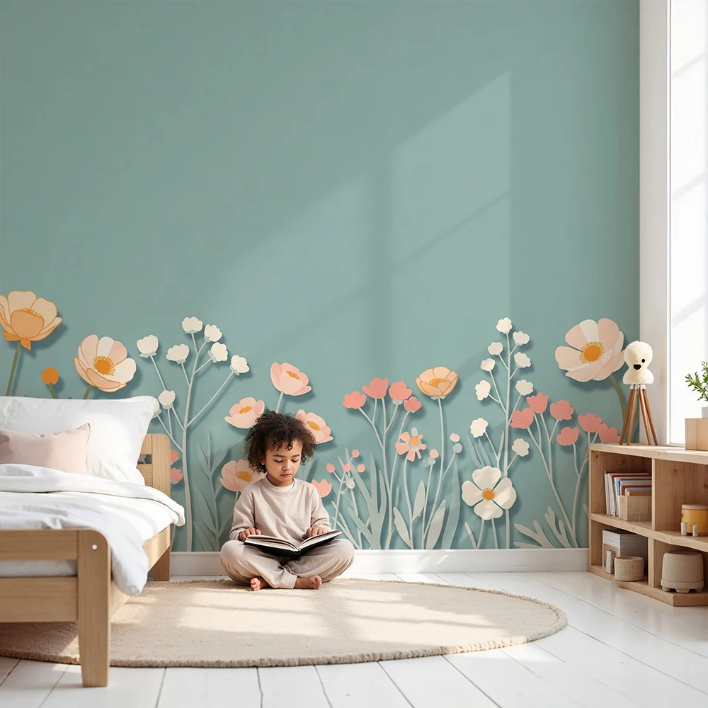 Papel de parede quarto bebê | Divlje cvijeće s sjenama na plavoj pozadini