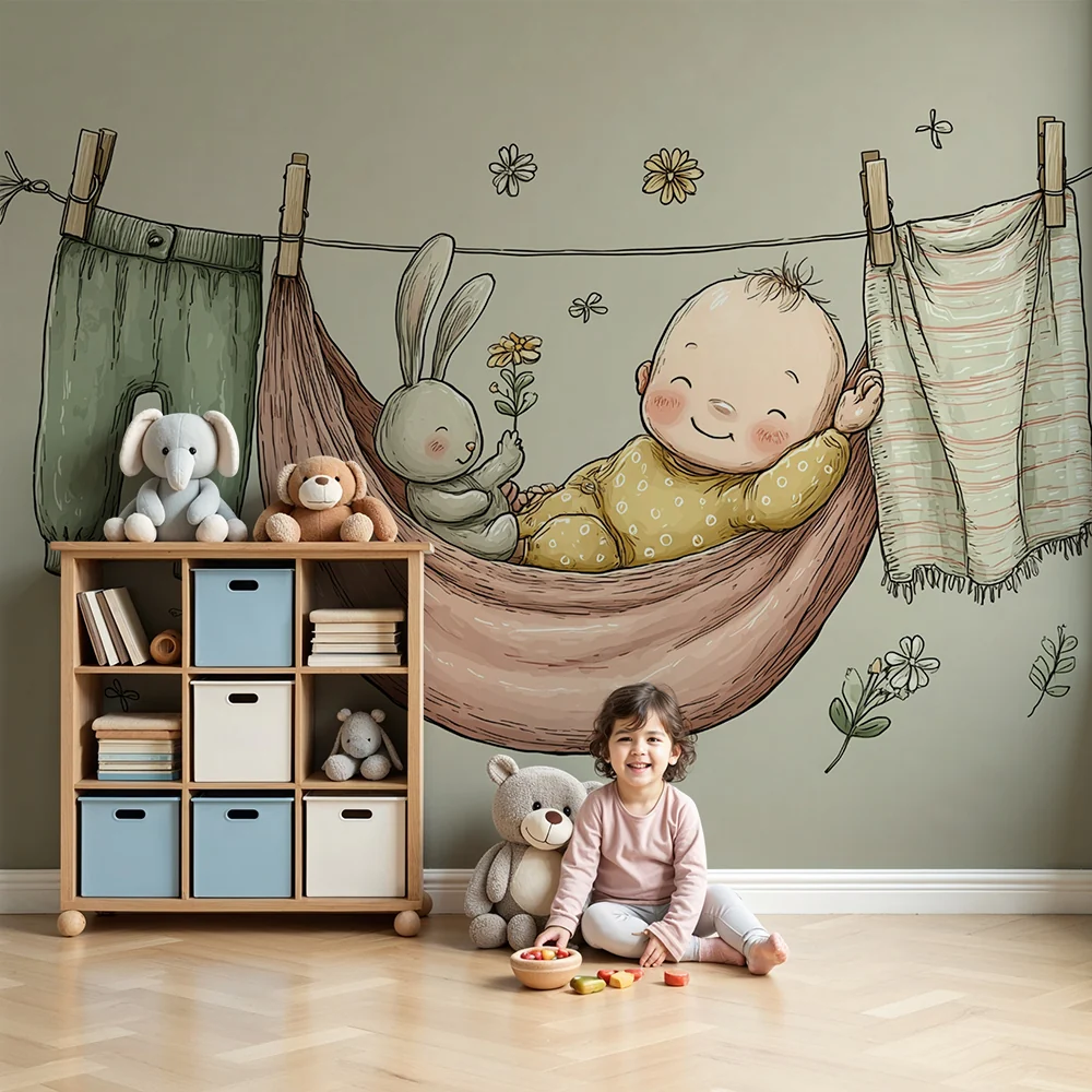 Papel de parede quarto bebê | Drijeme s medvjedićem i cvijećem