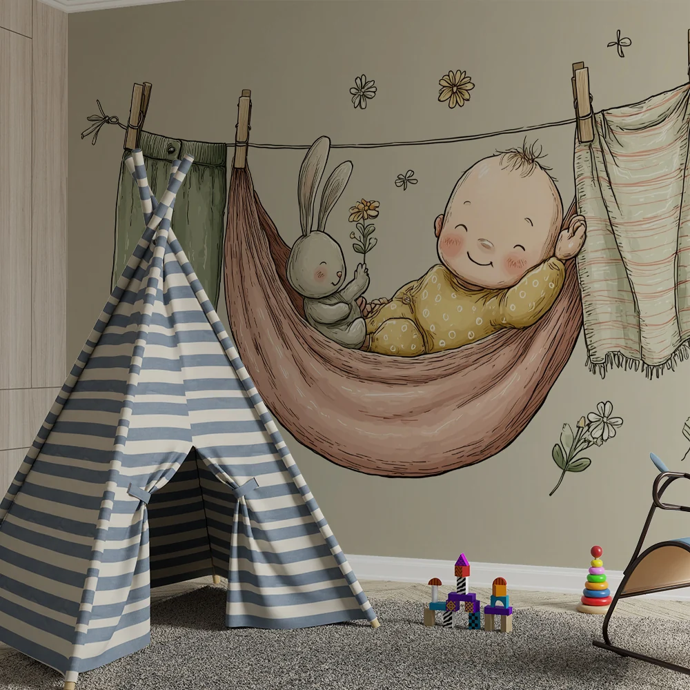 Papel de parede quarto bebê | Drijeme s medvjedićem i cvijećem