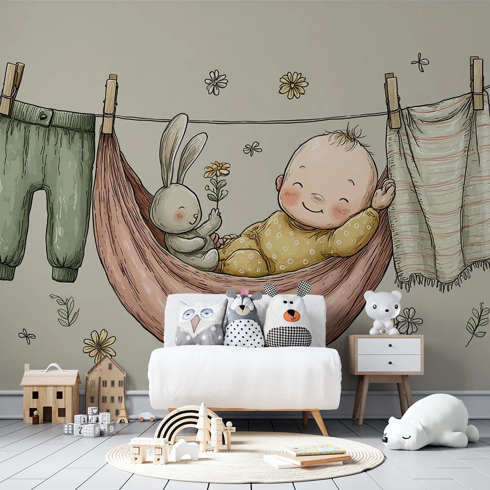 Papel de parede quarto bebê | Drijeme s medvjedićem i cvijećem