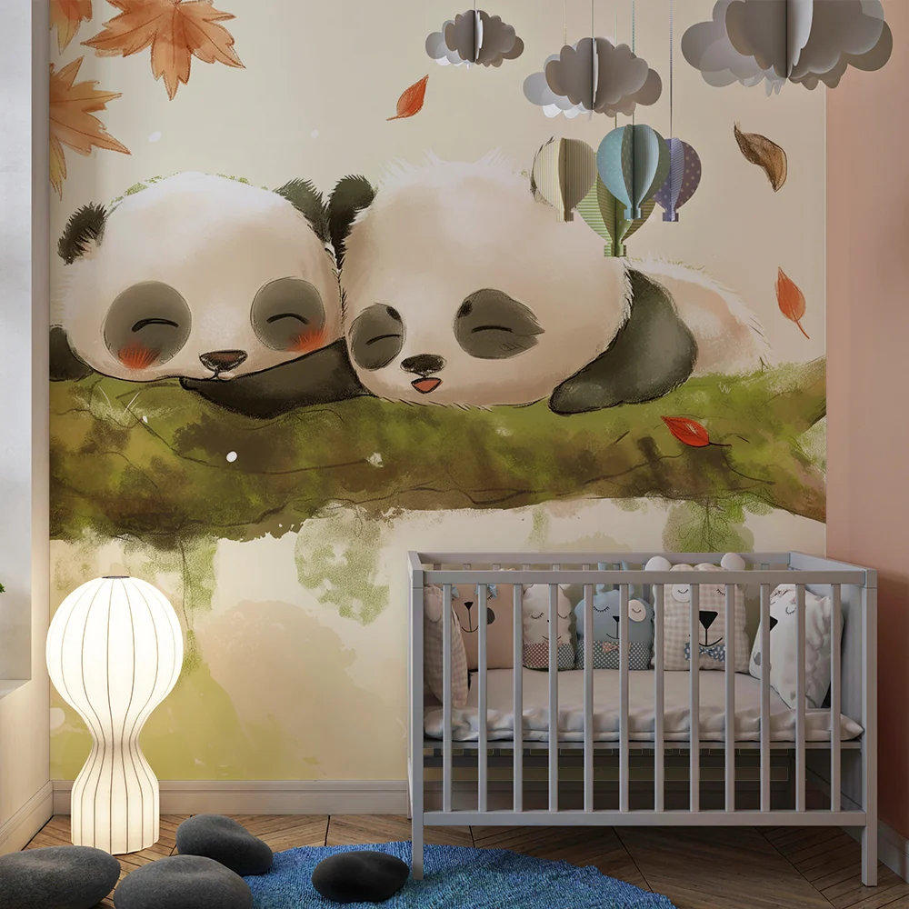 Papel de parede quarto bebê | Dva usnula pande na grani s jesenskim lišćem
