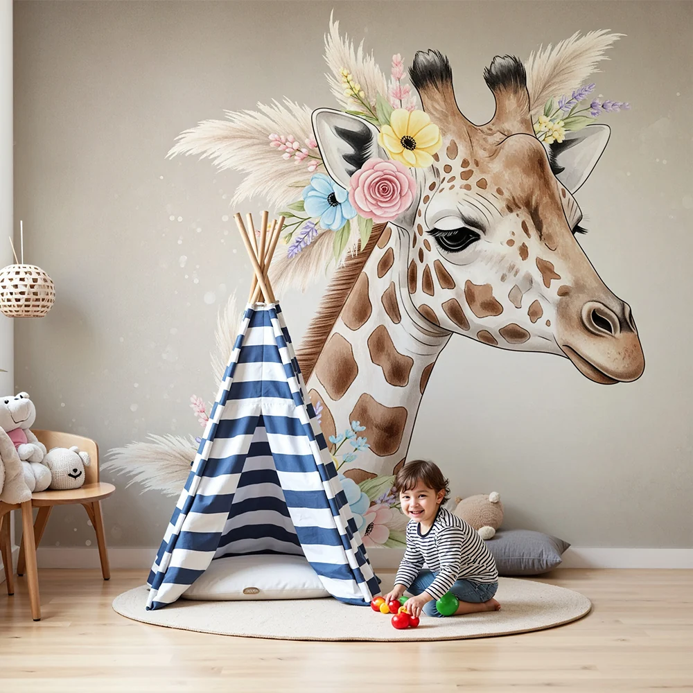 Papel de parede quarto bebê | Elegantna žirafa ukrašena pastelnim cvijećem