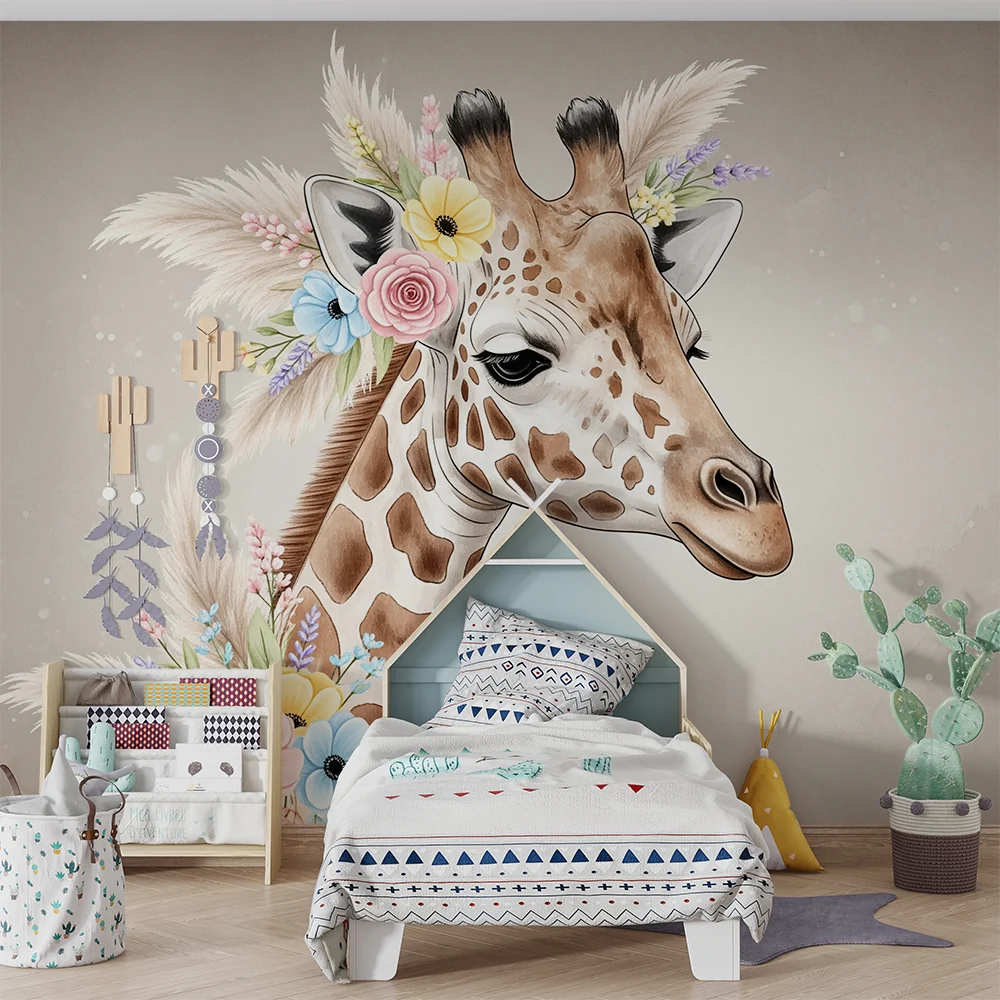 Papel de parede quarto bebê | Elegantna žirafa ukrašena pastelnim cvijećem