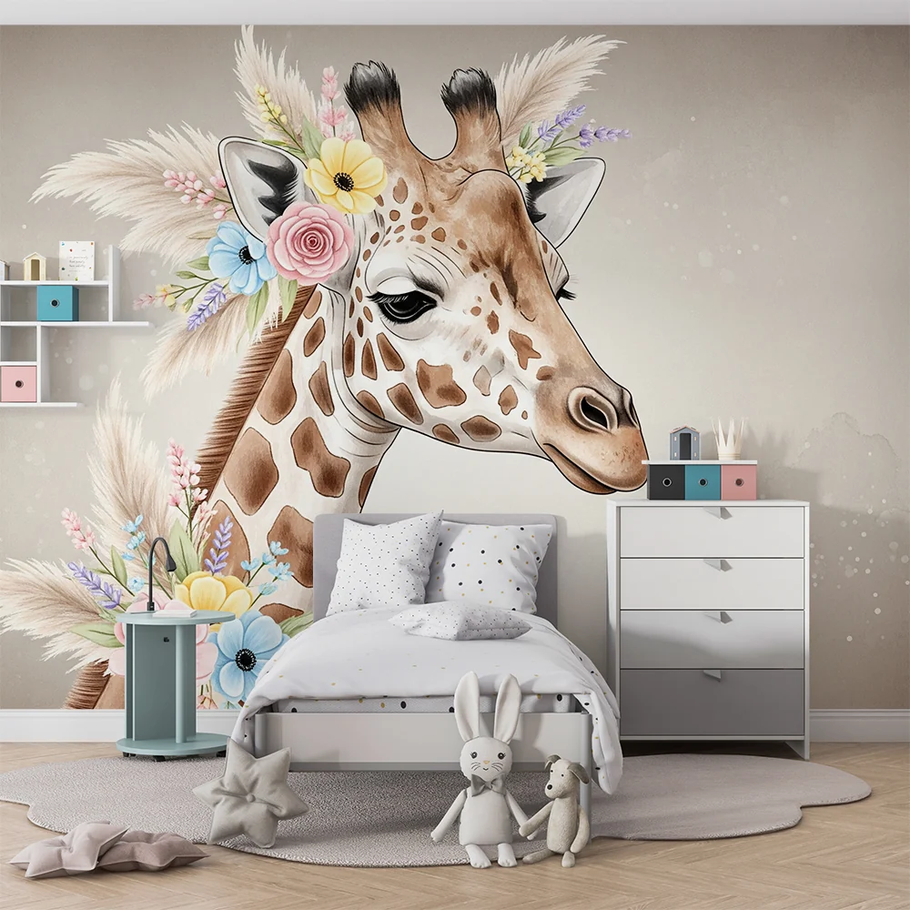 Papel de parede quarto bebê | Elegantna žirafa ukrašena pastelnim cvijećem
