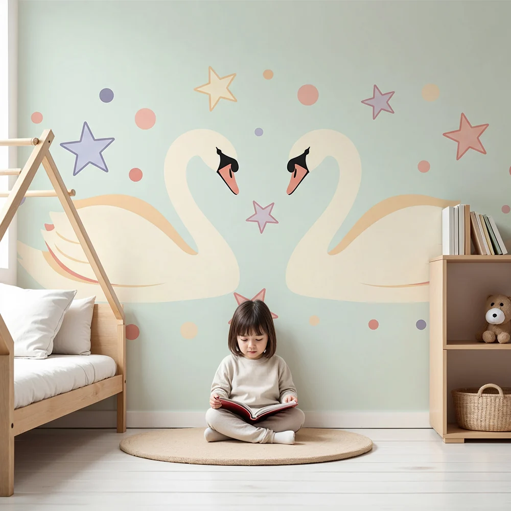 Papel de parede quarto bebê | Elegantni labudovi i šarene zvijezde