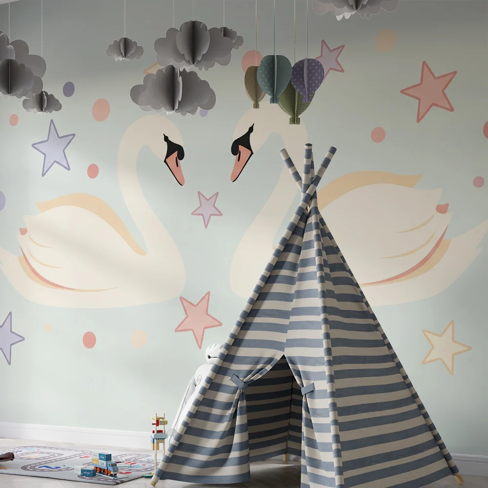 Papel de parede quarto bebê | Elegantni labudovi i šarene zvijezde