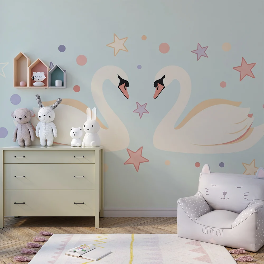 Papel de parede quarto bebê | Elegantni labudovi i šarene zvijezde
