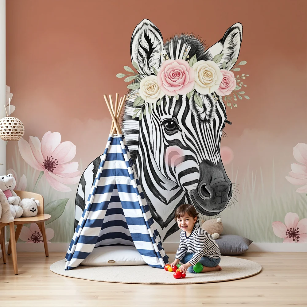 Papel de parede quarto bebê | Elegantni zebra s cvjetnom krunom