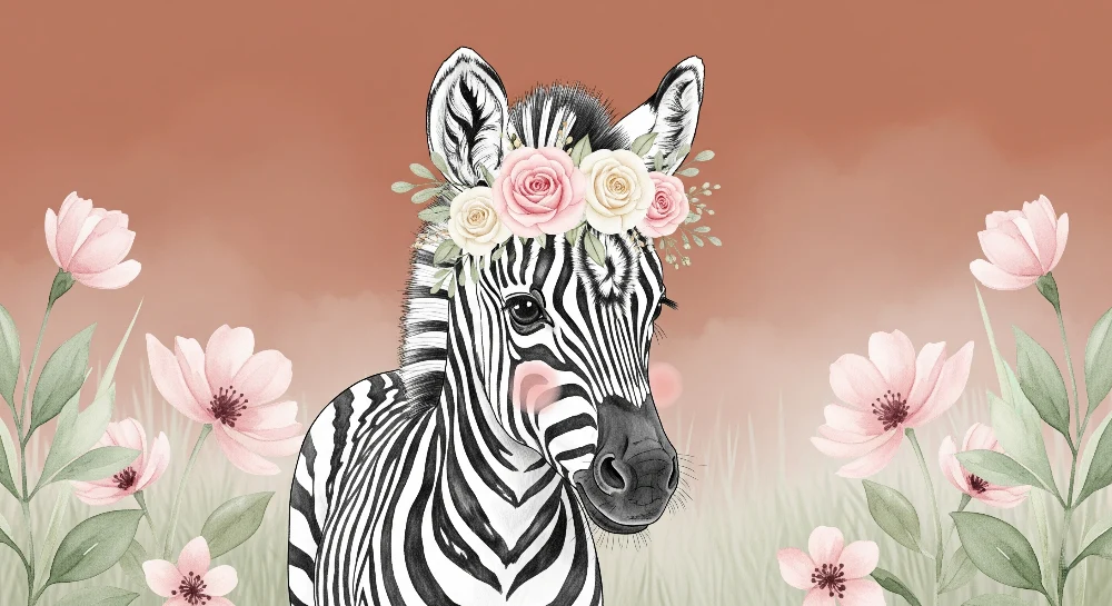 Papel de parede quarto bebê | Elegantni zebra s cvjetnom krunom