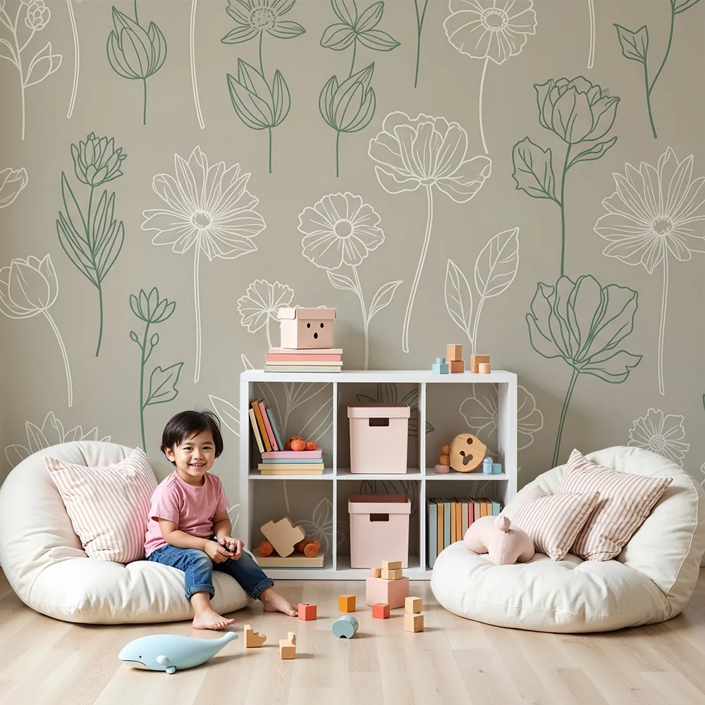 Papel de parede quarto bebê | Fines fleurs sur fond gris