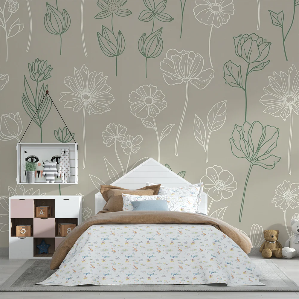 Papel de parede quarto bebê | Fines fleurs sur fond gris