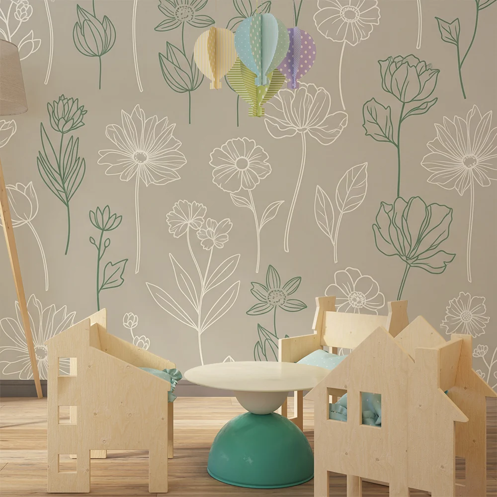 Papel de parede quarto bebê | Fines fleurs sur fond gris