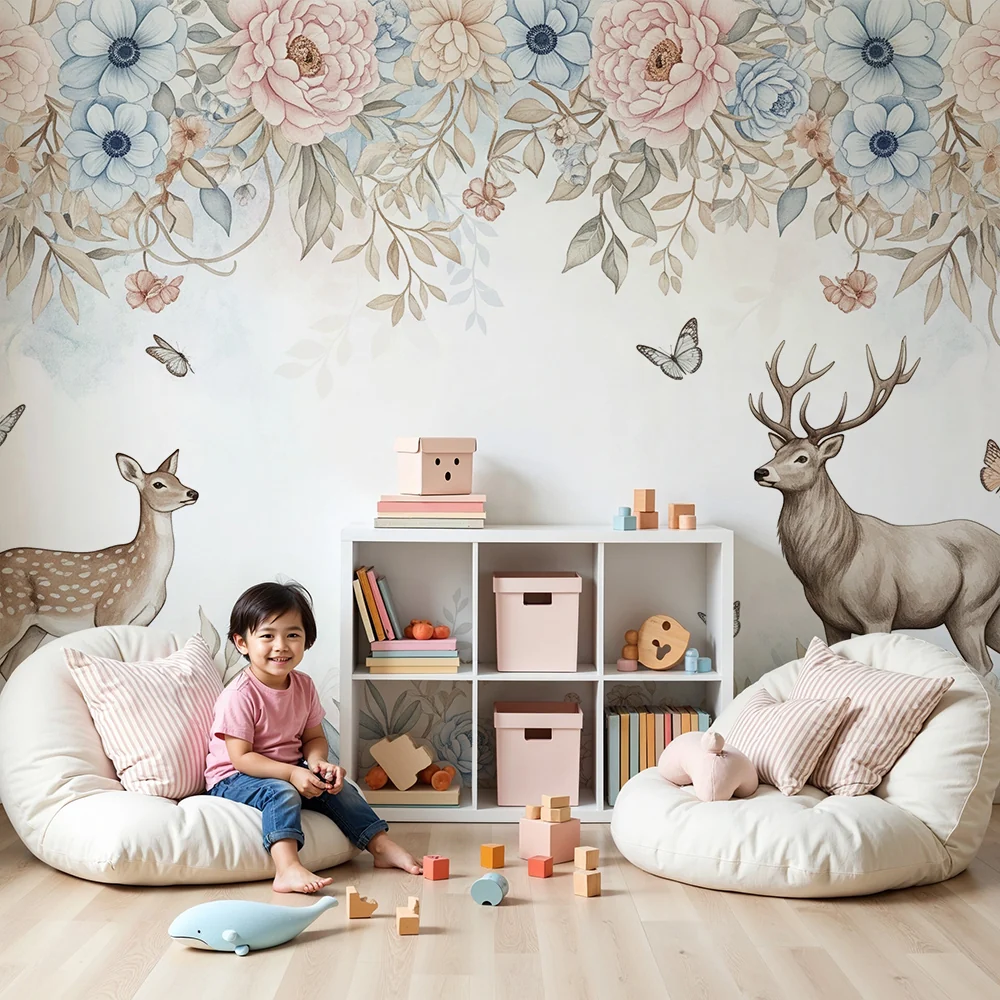 Papel de parede quarto bebê | Graciozni jeleni pod cvjetnim nebom i leptirima